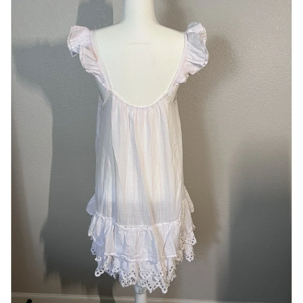Shabby Chic White Pink‎ Striped Nightgown Square Neck Lace Ruffle Cotton Size M